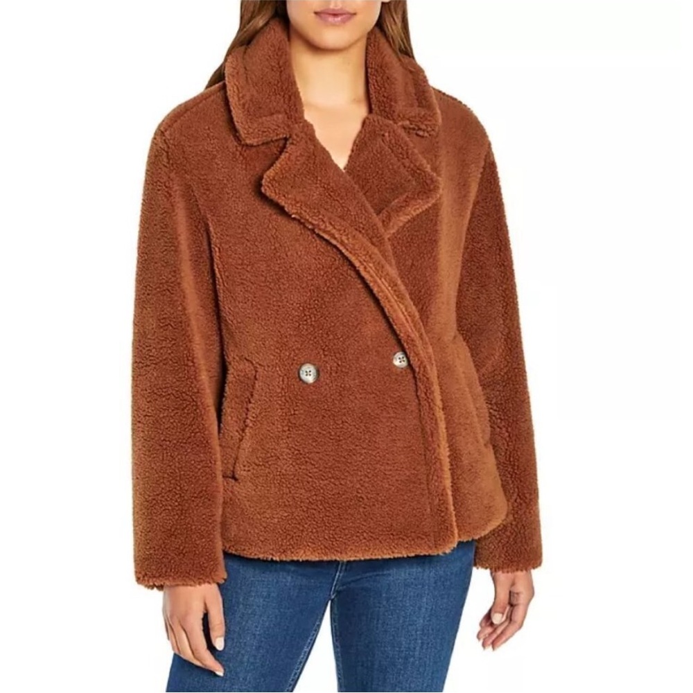 Women's Plush Brown Double-Breasted Teddy Jacket